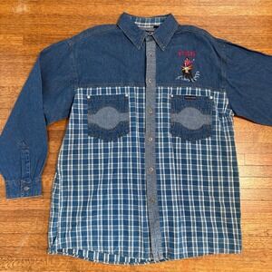 PBR Denim Plaid Western Cowboy Shirt Jacket XXL Embroidered Rodeo Bull